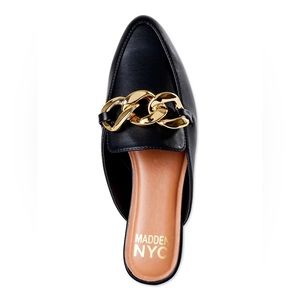 Madden NYC Gold buckle black slip on mules